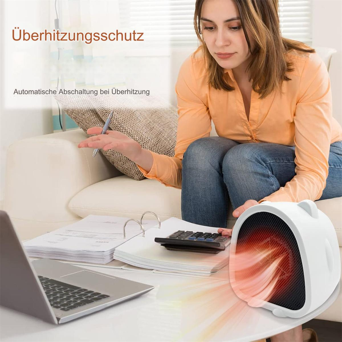 Frau sitzt neben einem weißen Heizgerät. Papiere, Taschenrechner und Laptop auf einem Tisch. Text: Überhitzungsschutz.