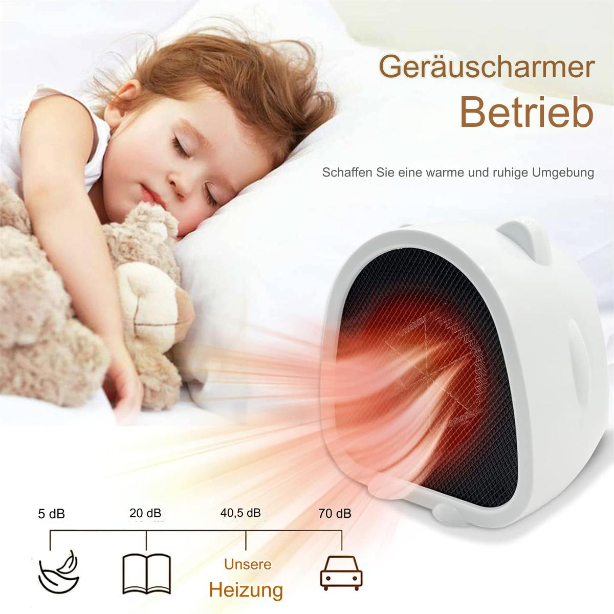 Ein schlafendes Kind neben einem Teddybären mit einem weißen Heizgerät und Schallpegelanzeigen.