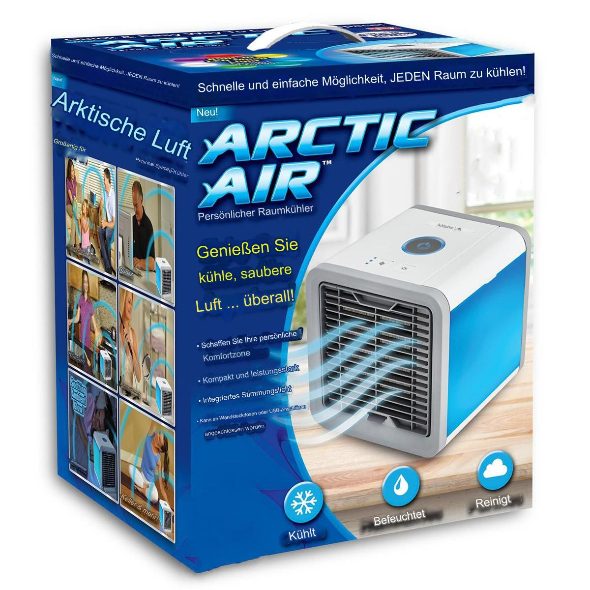 Karton mit Arctic Air-Kühler, weiß und blau, mit Text und Bildern des Produkts.