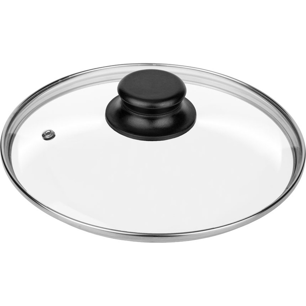 Ein Deckel aus klarem Glas mit einem schwarzen Knopf und einem silbernen Rand, weißer Hintergrund.