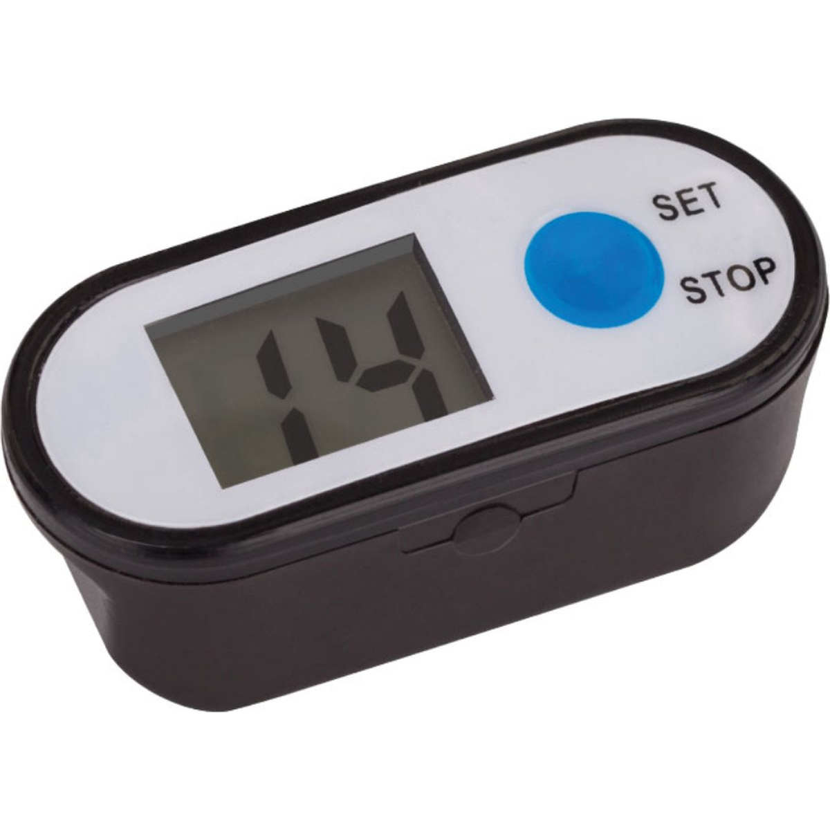 Schwarz-weißer digitaler Timer. Er zeigt die Zahl 14 auf einem kleinen Bildschirm mit zwei Tasten.