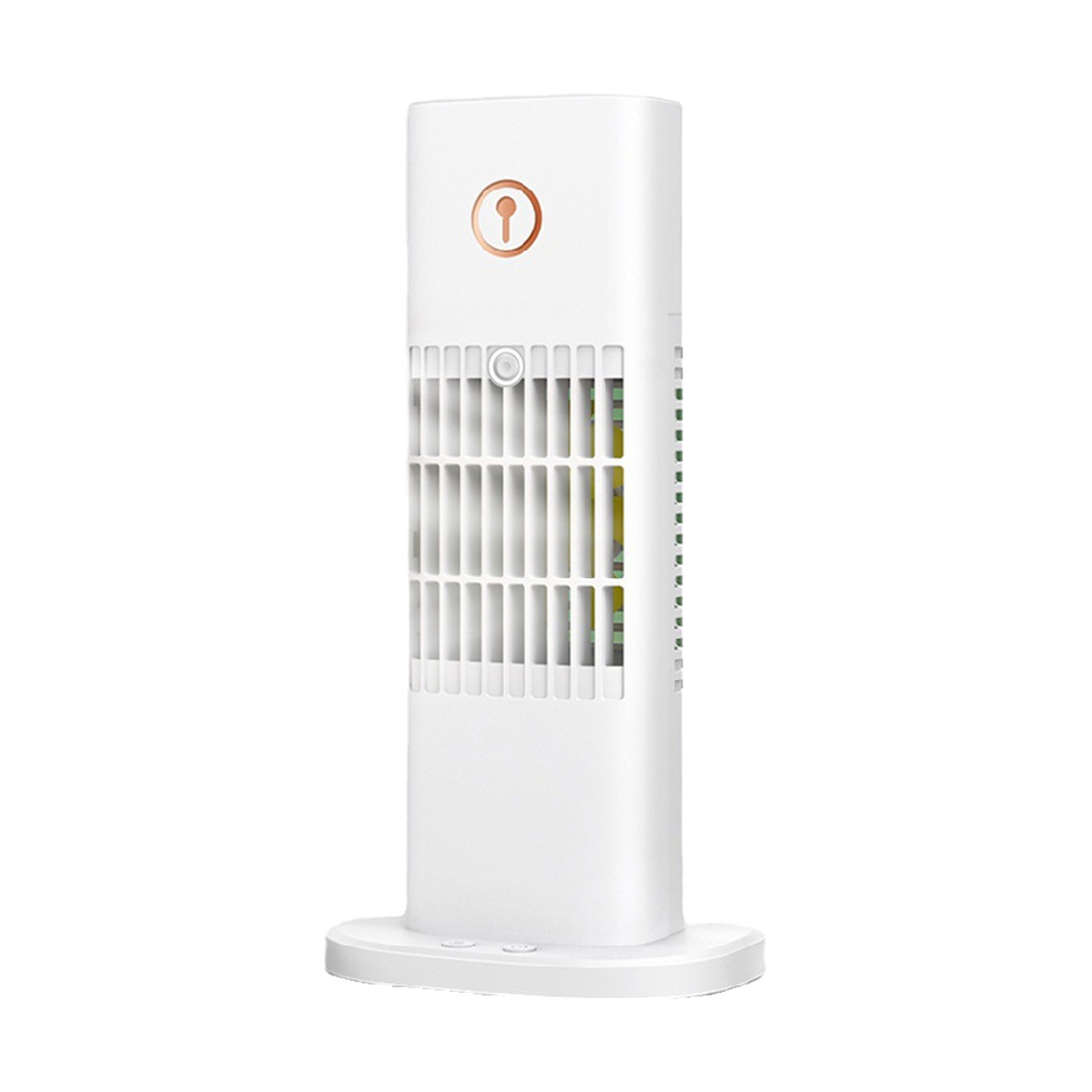 Weißer Turmventilator mit Gitter und Sockel.