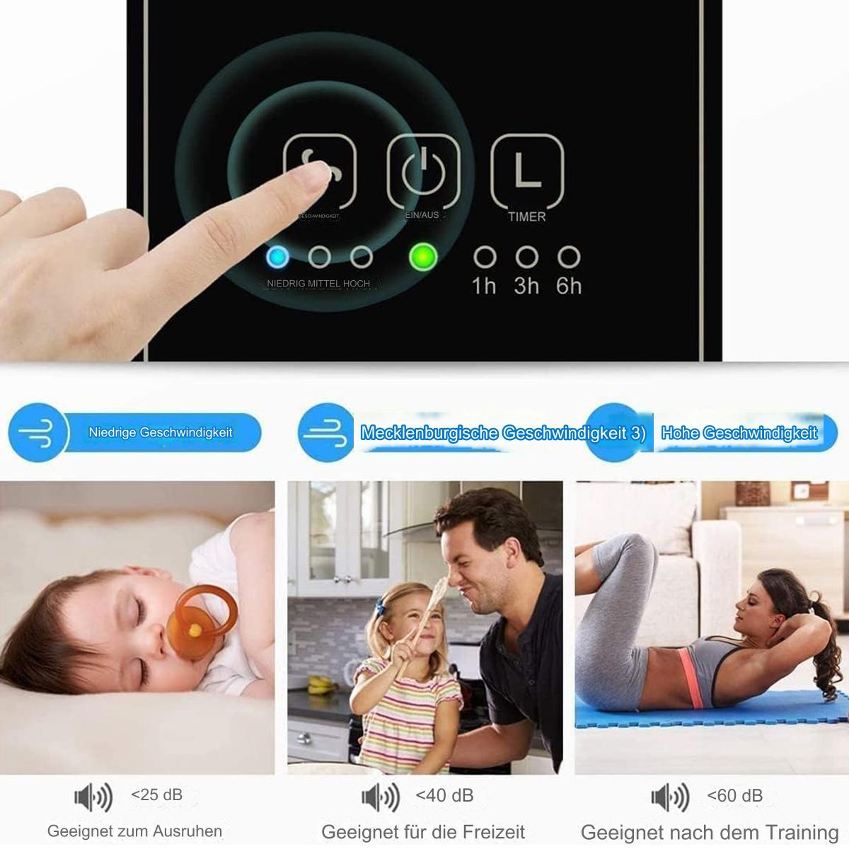 Touchscreen-Gerät mit Geschwindigkeitseinstellungen und drei Szenen mit zugehörigen Schallpegeln und Aktivitäten.
