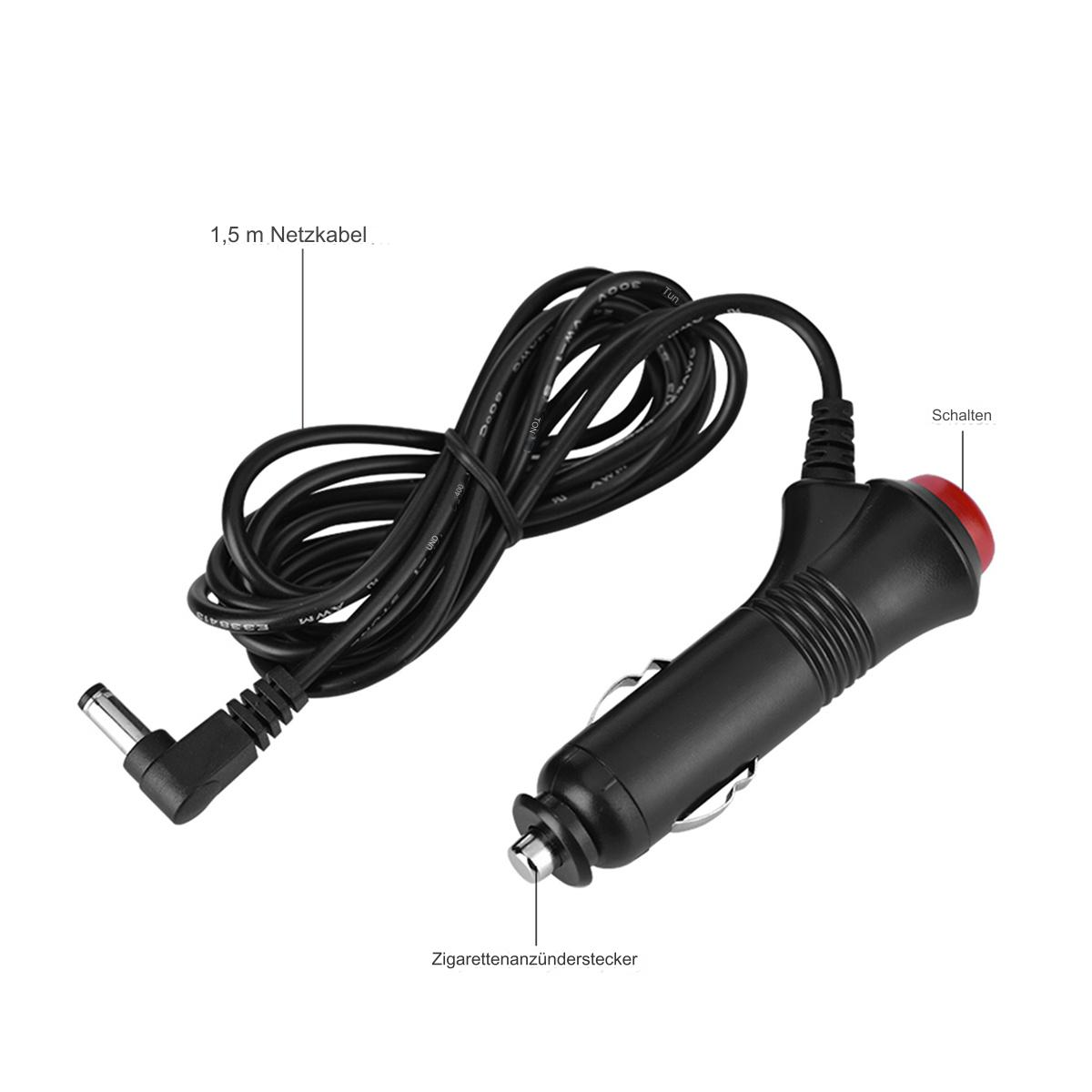 Ein schwarzes Autoladegerät mit rotem Knopf und schwarzem Kabel. Ein abgewinkelter Stecker ist abgebildet.