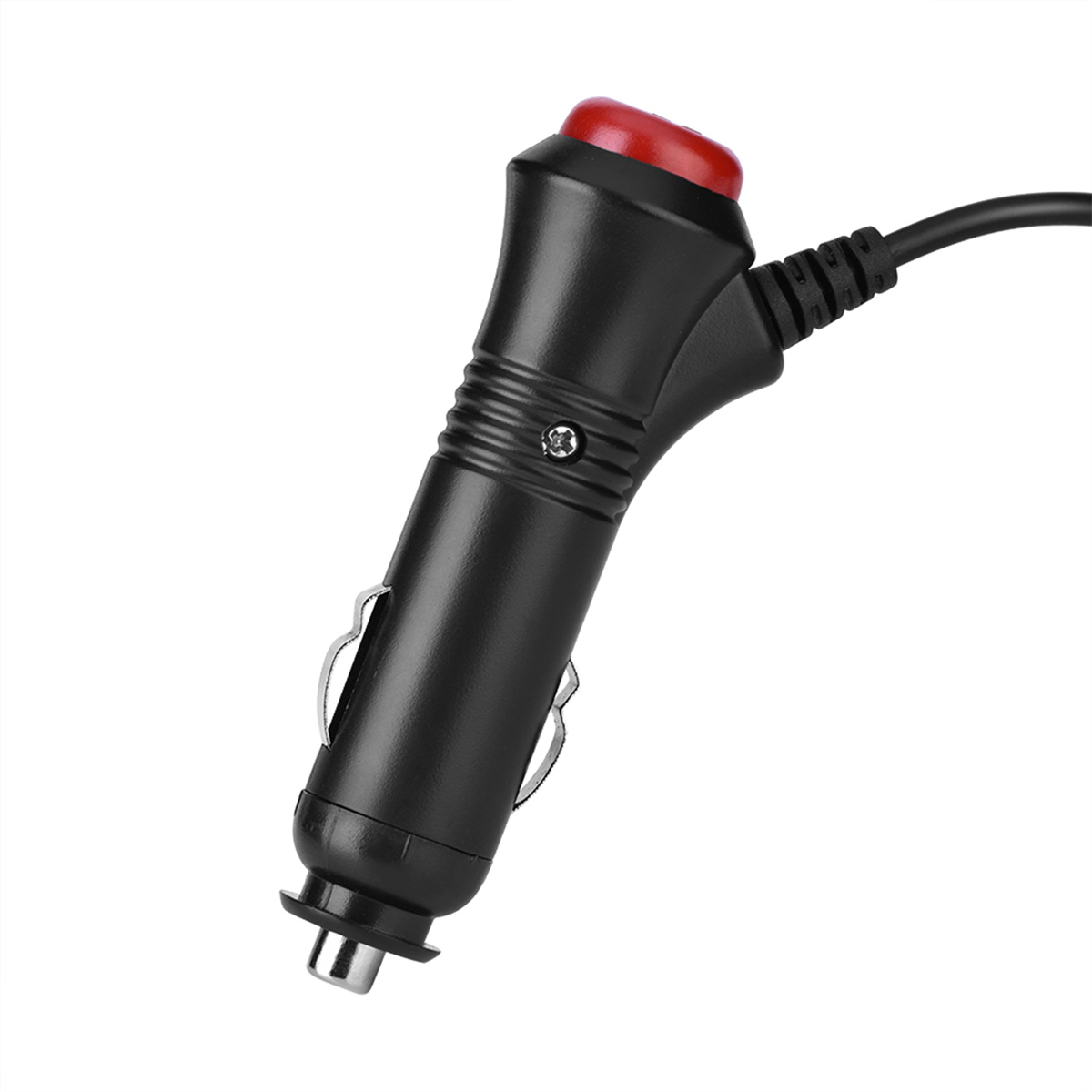 Ein schwarzer Autoladeadapter mit roter Taste und Netzstecker.
