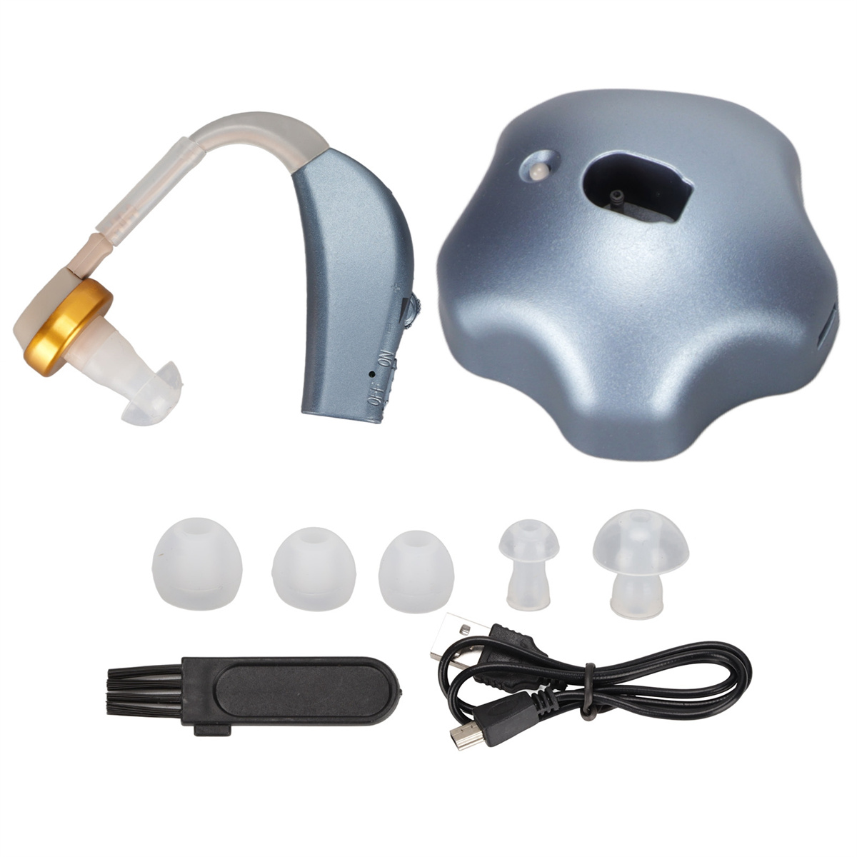 Hörgerät, Ladegerät und verschiedene Ohrstöpsel sowie eine Reinigungsbürste und ein USB-Kabel.