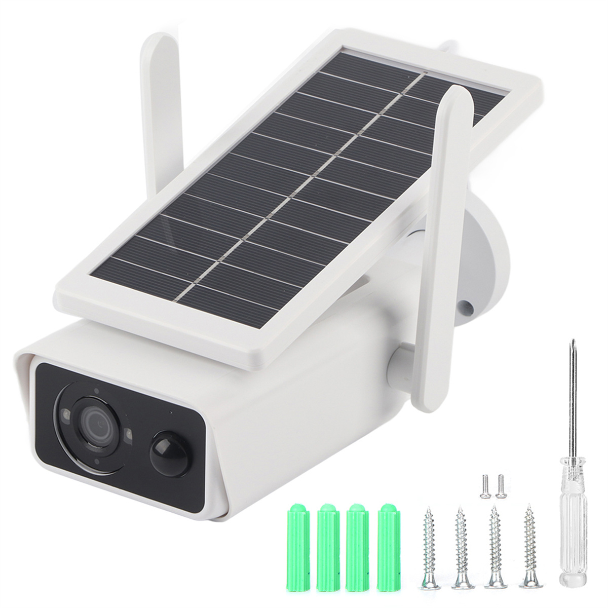 Eine weiße Überwachungskamera mit Solarpanel und Antennen, mit Schrauben und einem Schraubendreher. Weißer Hintergrund.
