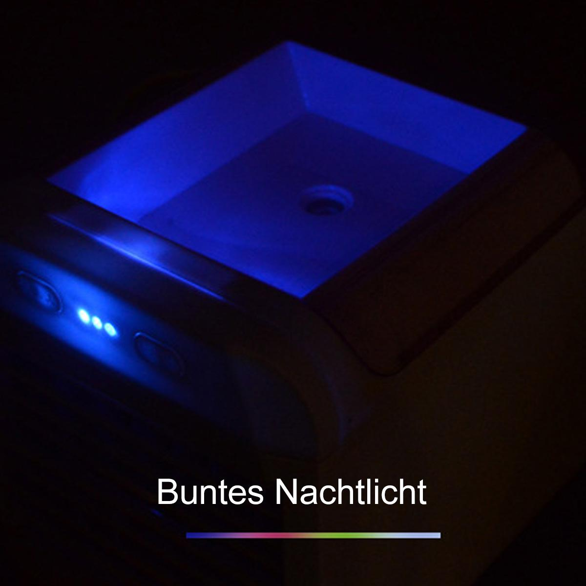 Dunkler Raum, beleuchtetes Nachtlicht mit blauem Licht. Text 'Buntes Nachtlicht' unten.