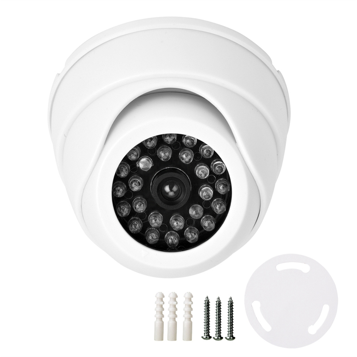 Eine weiße Dome-Überwachungskamera mit einem Ring aus Infrarot-LEDs und Montagezubehör.