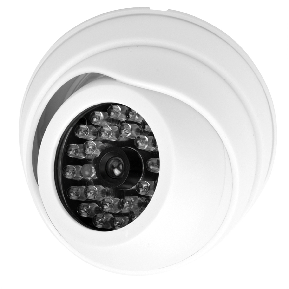 Weiße Dome-Überwachungskamera mit mehreren kleinen LEDs um das Objektiv. Weißer Hintergrund.