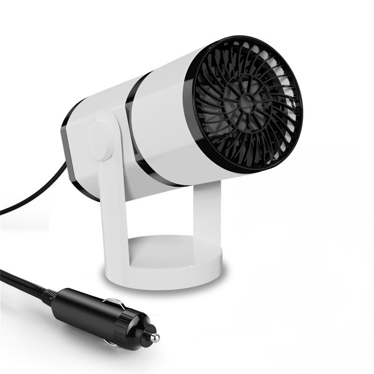 Eine weiß-schwarze Autoheizung mit Netzkabel und Ventilator.