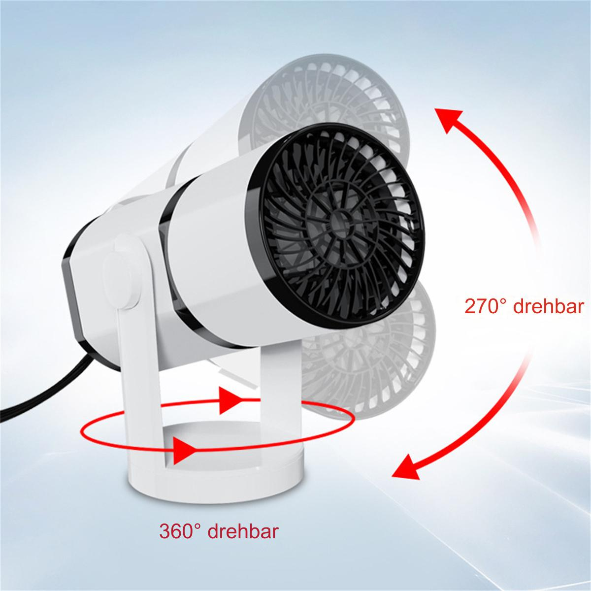 Weiß-schwarzer Ventilator mit rotierenden Pfeilen. Schwarze Lüfterblätter. Weißer Sockel. Blauer Hintergrund.