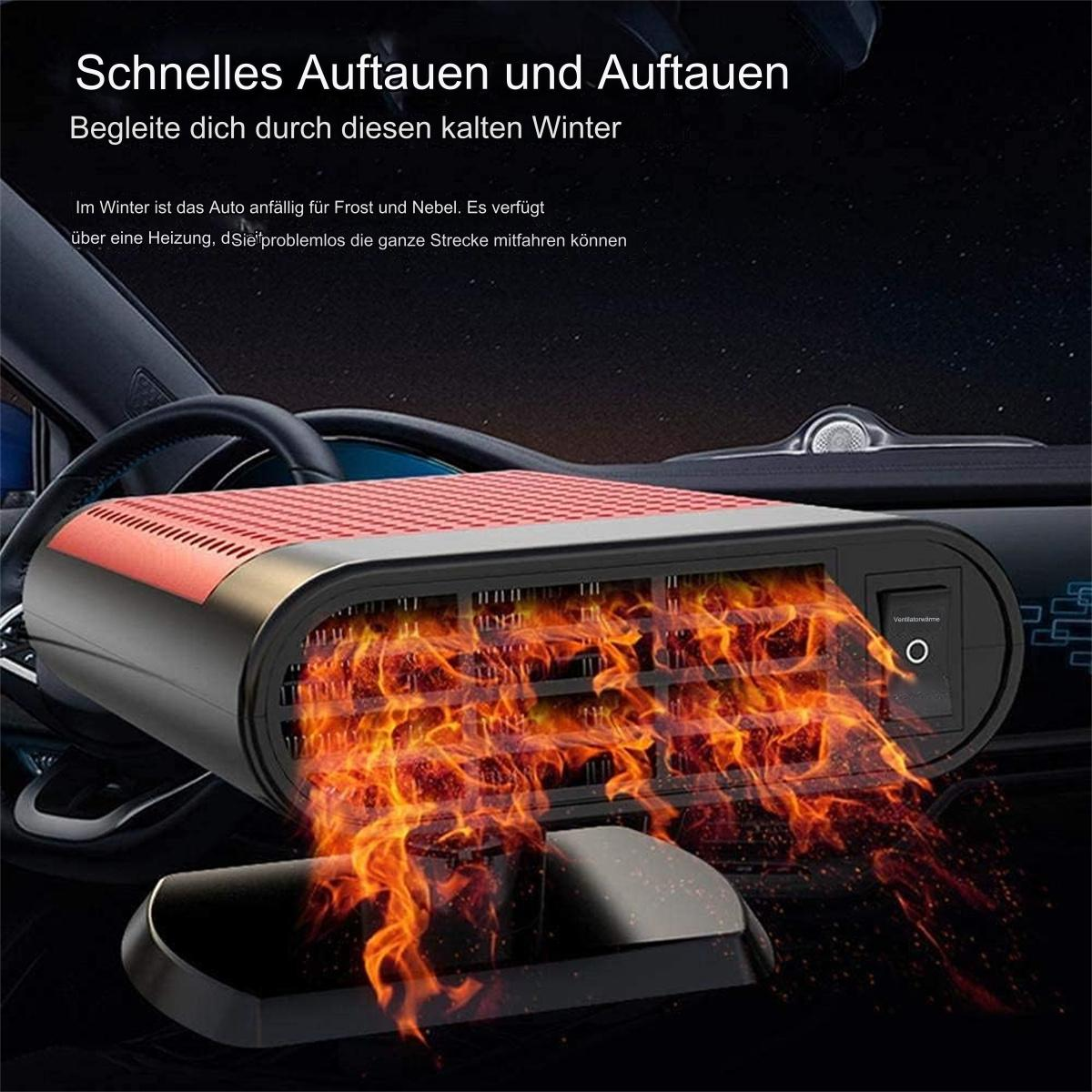 Ein Autointerieur mit einem Heizgerät auf dem Armaturenbrett. Das Gerät hat rote und schwarze Teile.