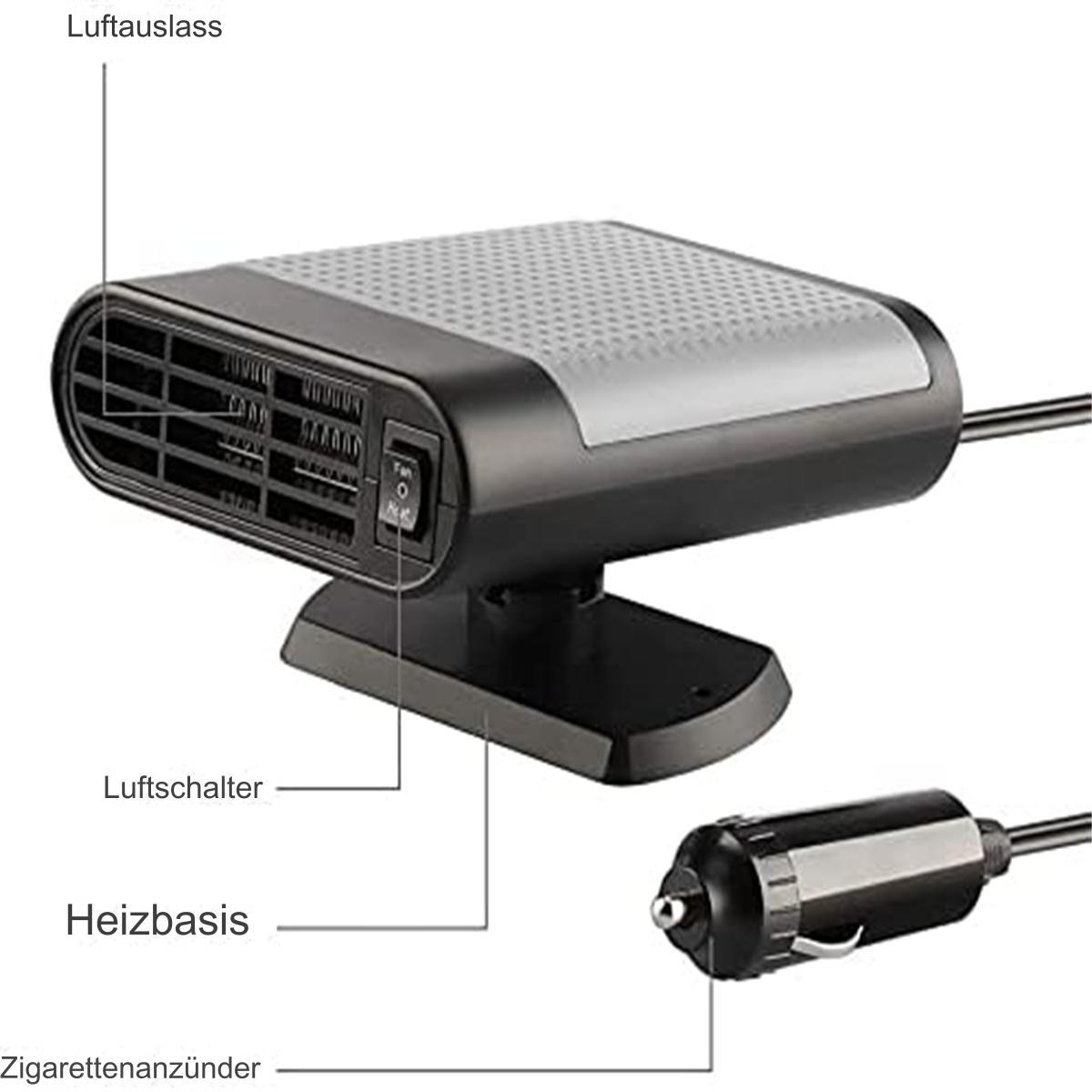 Eine schwarze Heizung mit angeschlossenem Autostecker. Es hat einen Lüfter und einen Schalter.
