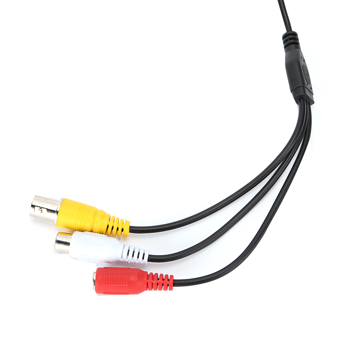 Drei Kabel mit verschiedenen Anschlüssen: gelb, weiß und rot, für Video oder Audio, auf weißem Hintergrund.