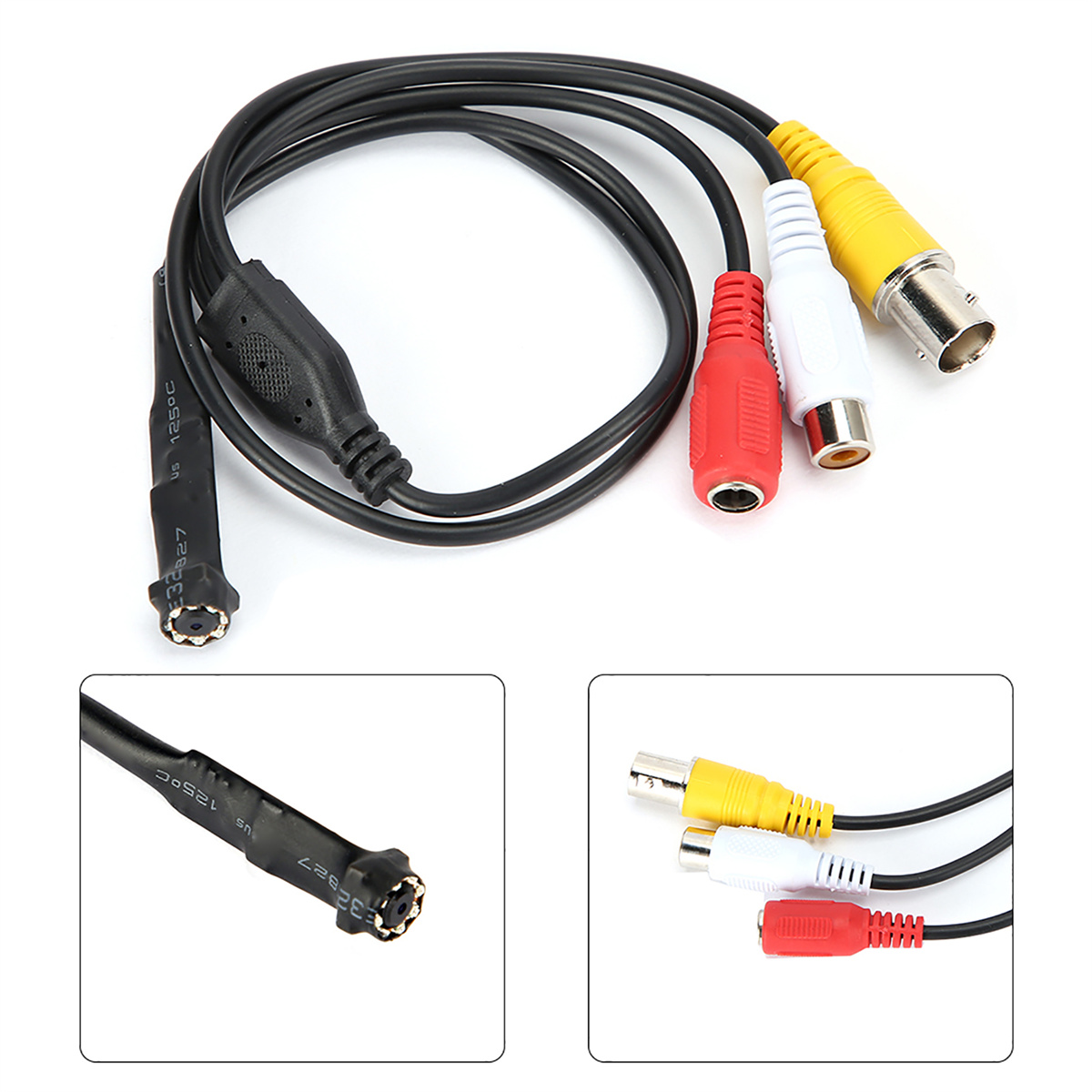 Ein schwarzes Kabel mit roten, weißen und gelben Steckern, mit Nahaufnahmen.