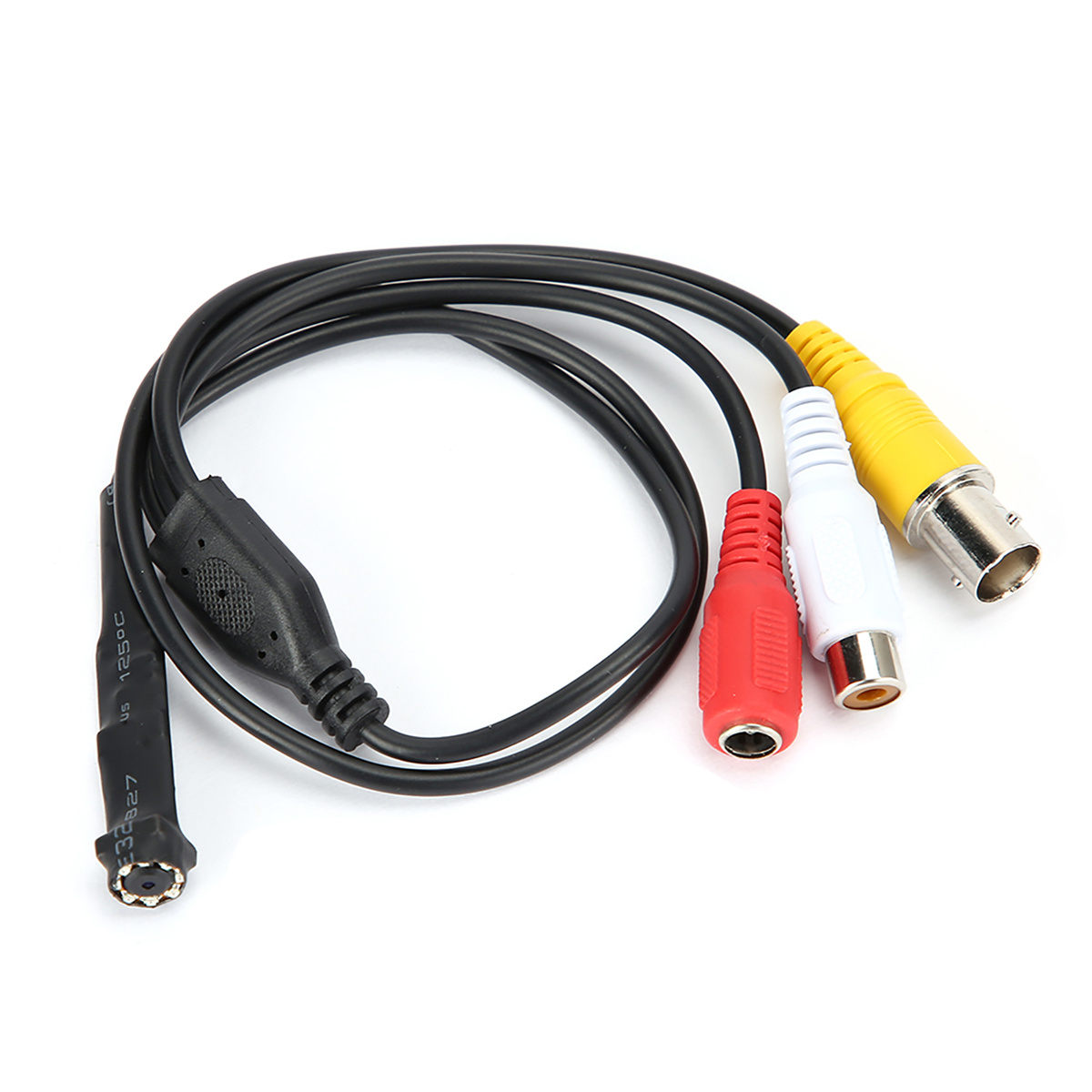 Ein schwarzes Kabel mit roten, weißen und gelben Steckern. Es hat eine kleine Kamera an einem Ende.
