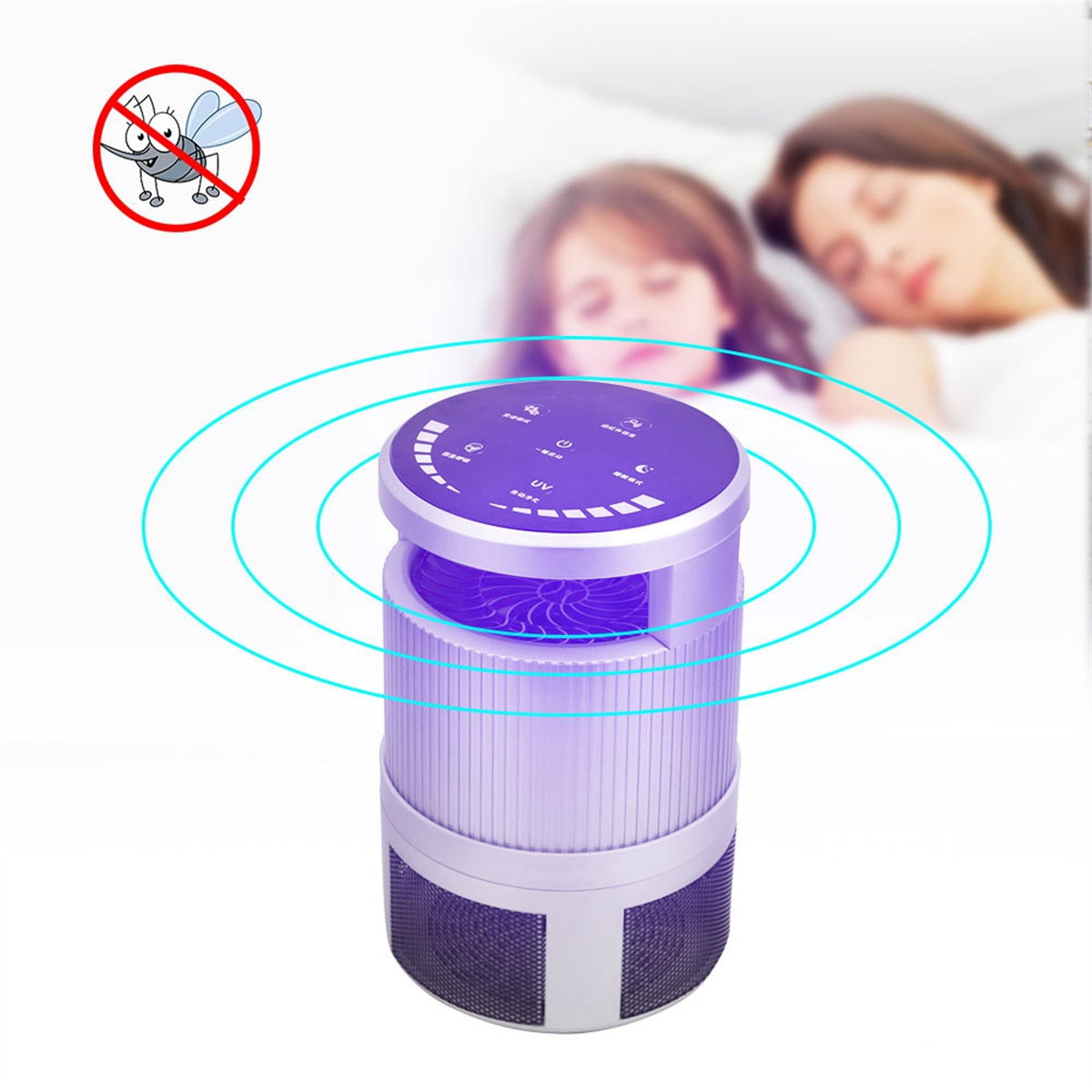 Mückentöter mit leuchtendem UV-Licht. Personen schlafen im Hintergrund.