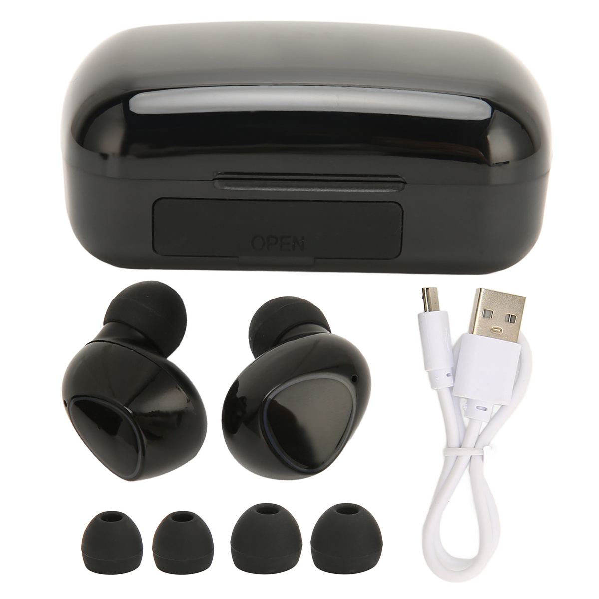 Schwarzes Ohrhörer-Set mit Ladecase, zusätzlichen Ohrstöpseln und einem USB-Ladekabel.