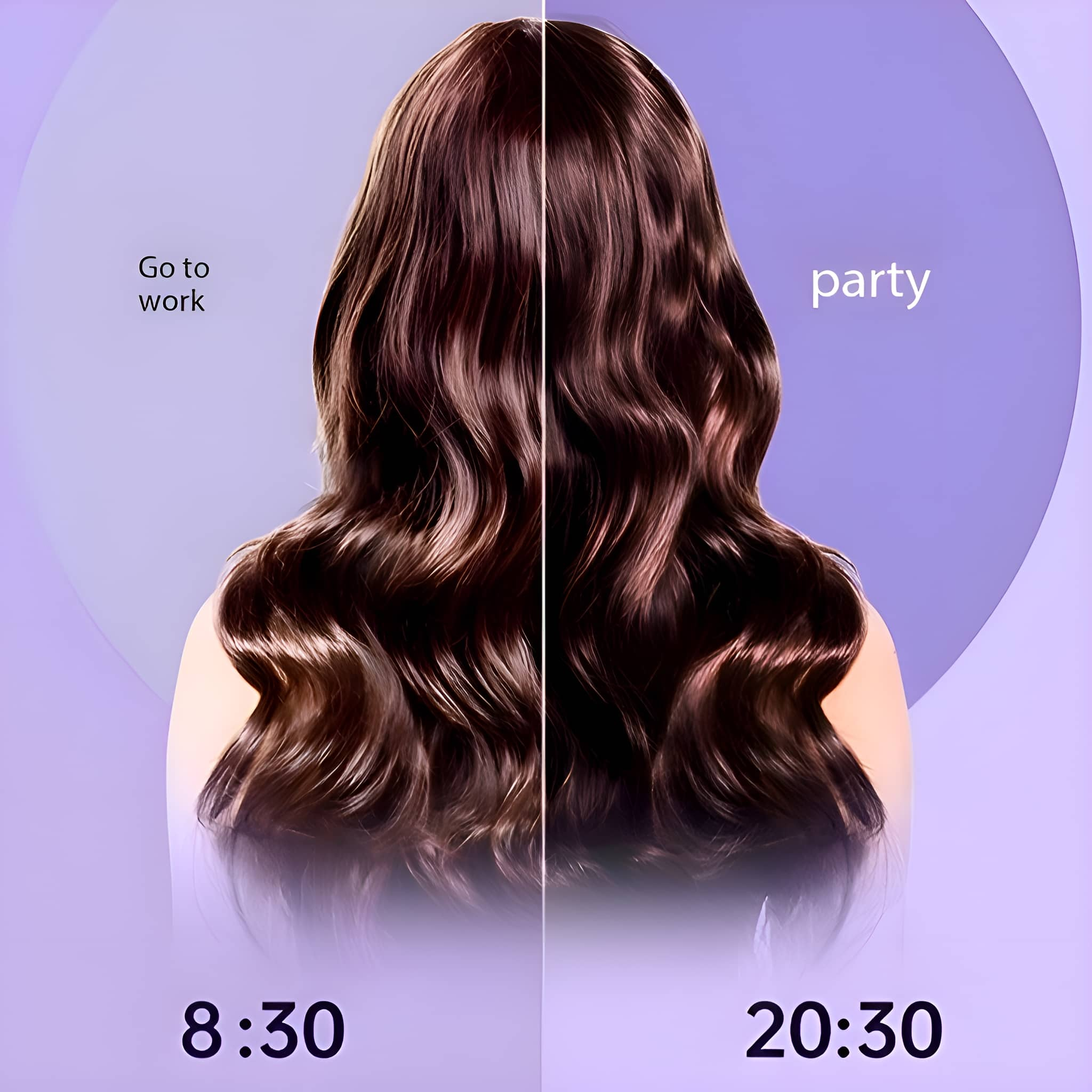 Zwei Hälften des Haares einer Frau, eine mit 'Go to work', die andere 'party'.