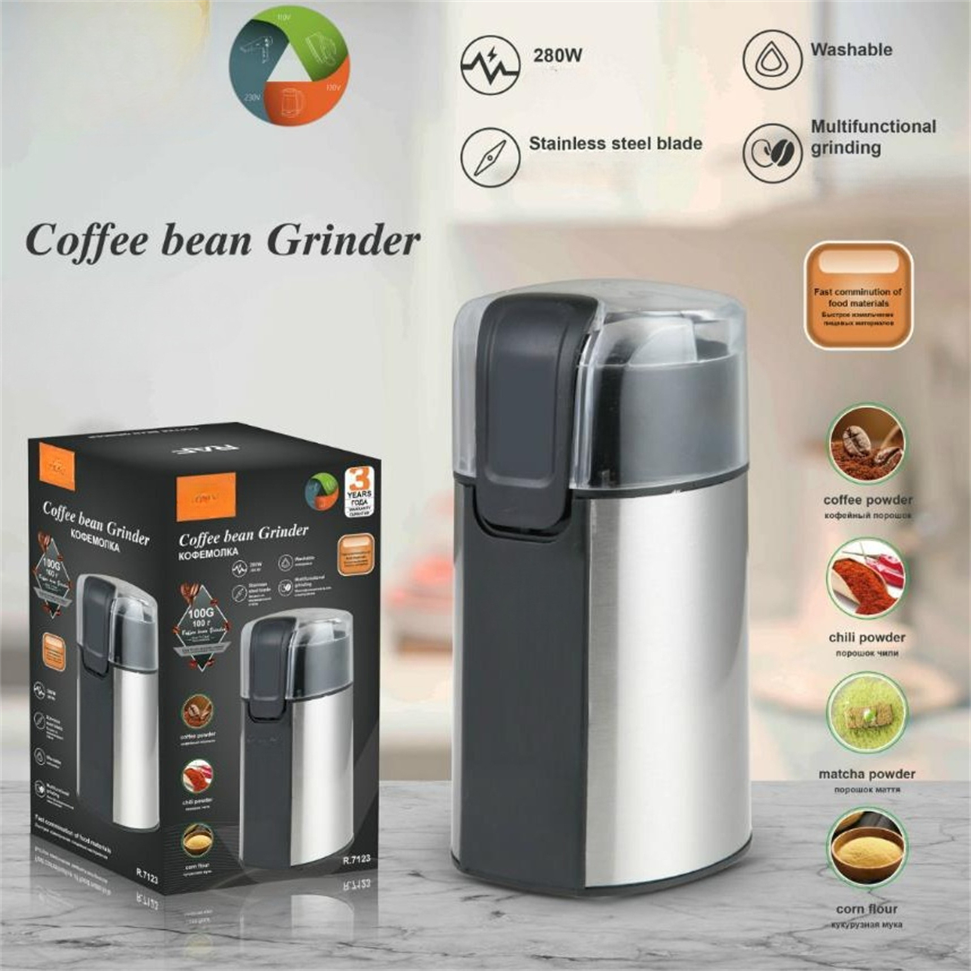 Kaffeebohnenmühle mit Kaffeepulver und anderen Pulveroptionen. Edelstahl.
