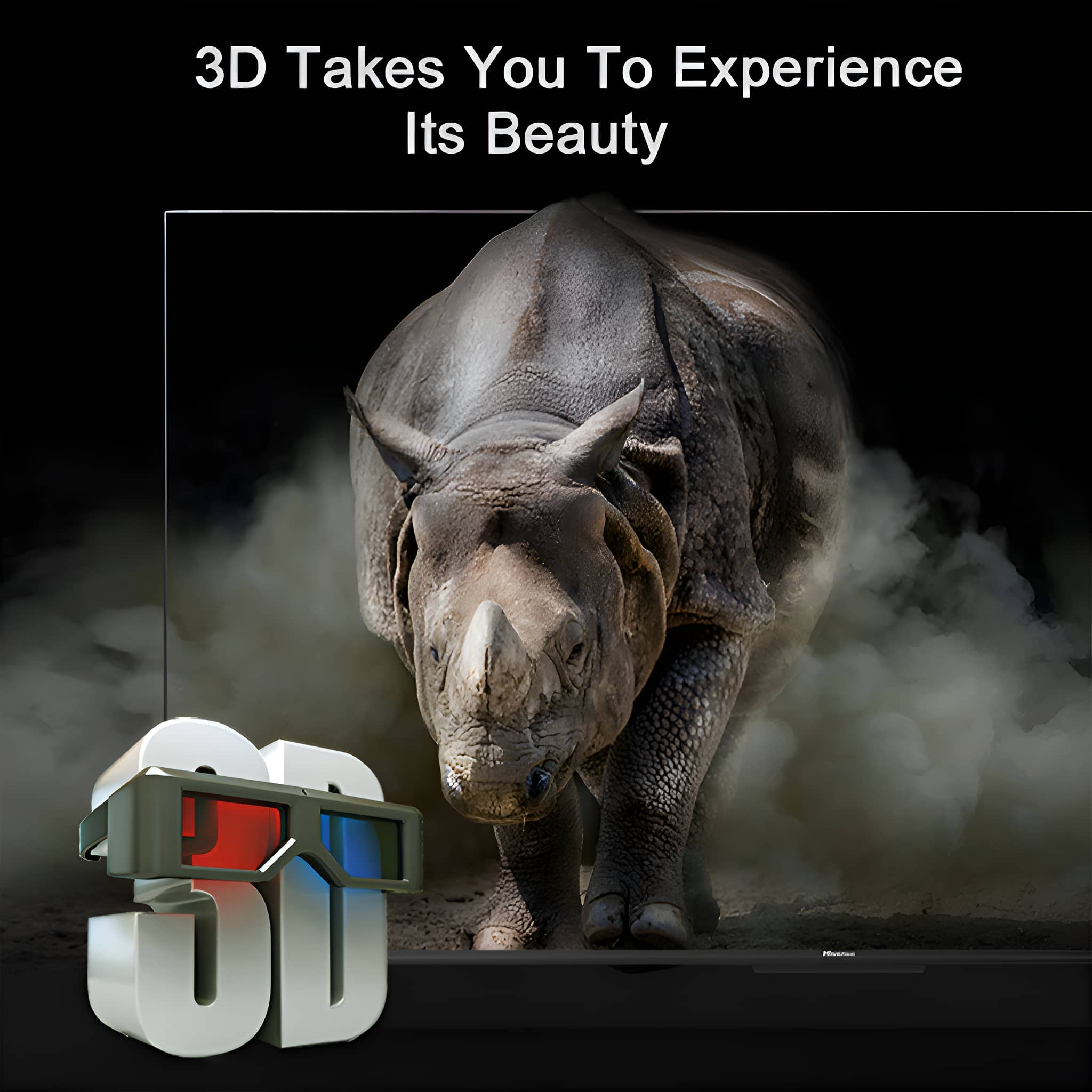 Ein 3D-Bild eines Nashorns. Das Bild befindet sich in einem Raum mit 3D-Brillen davor.