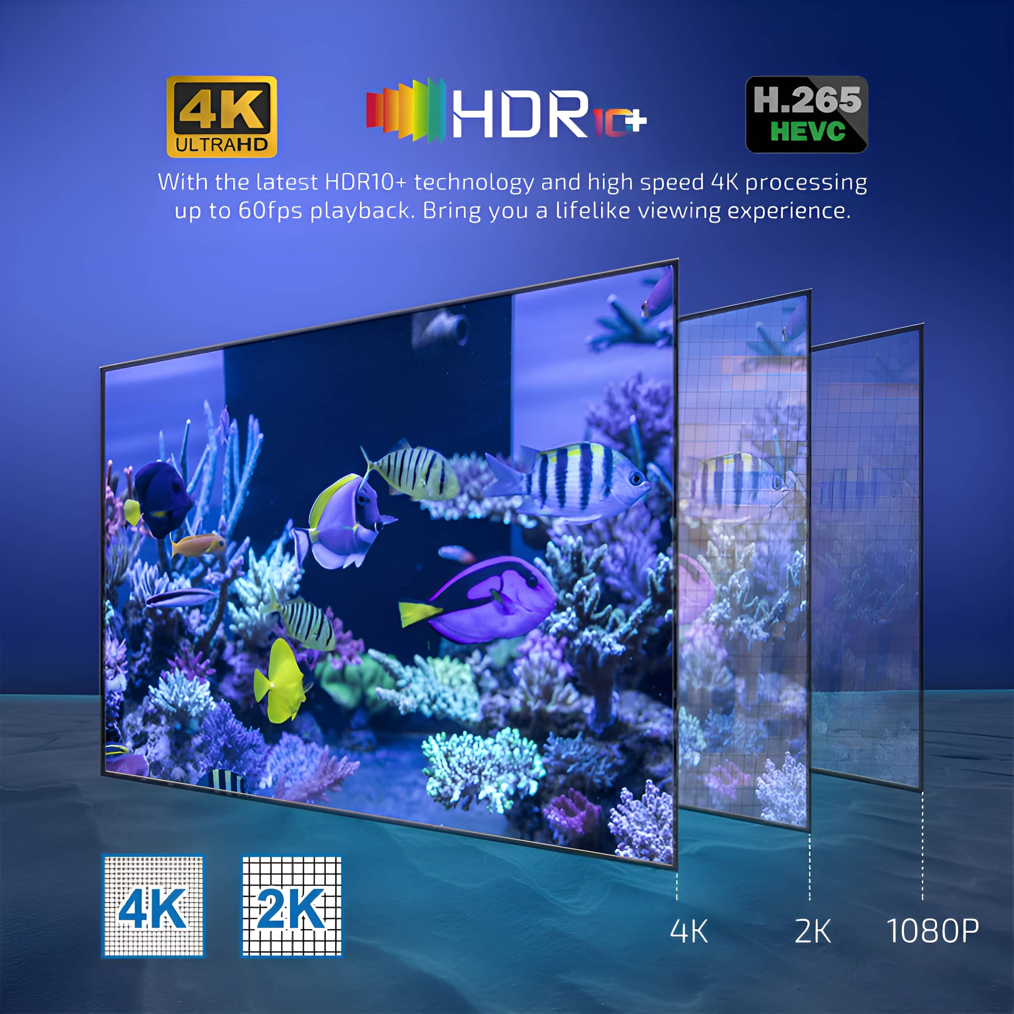 Ein Fernsehbildschirm mit einer Aquariumszene, mit 4K, HDR10+ und H.265 HEVC.