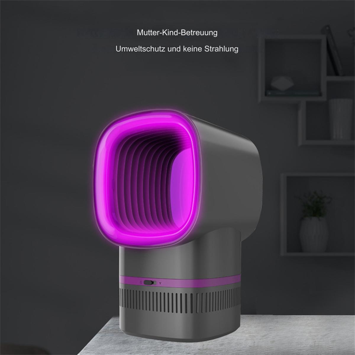 Ein grauer Insektenvernichter mit violettem Licht, auf dunklem Hintergrund mit Text.