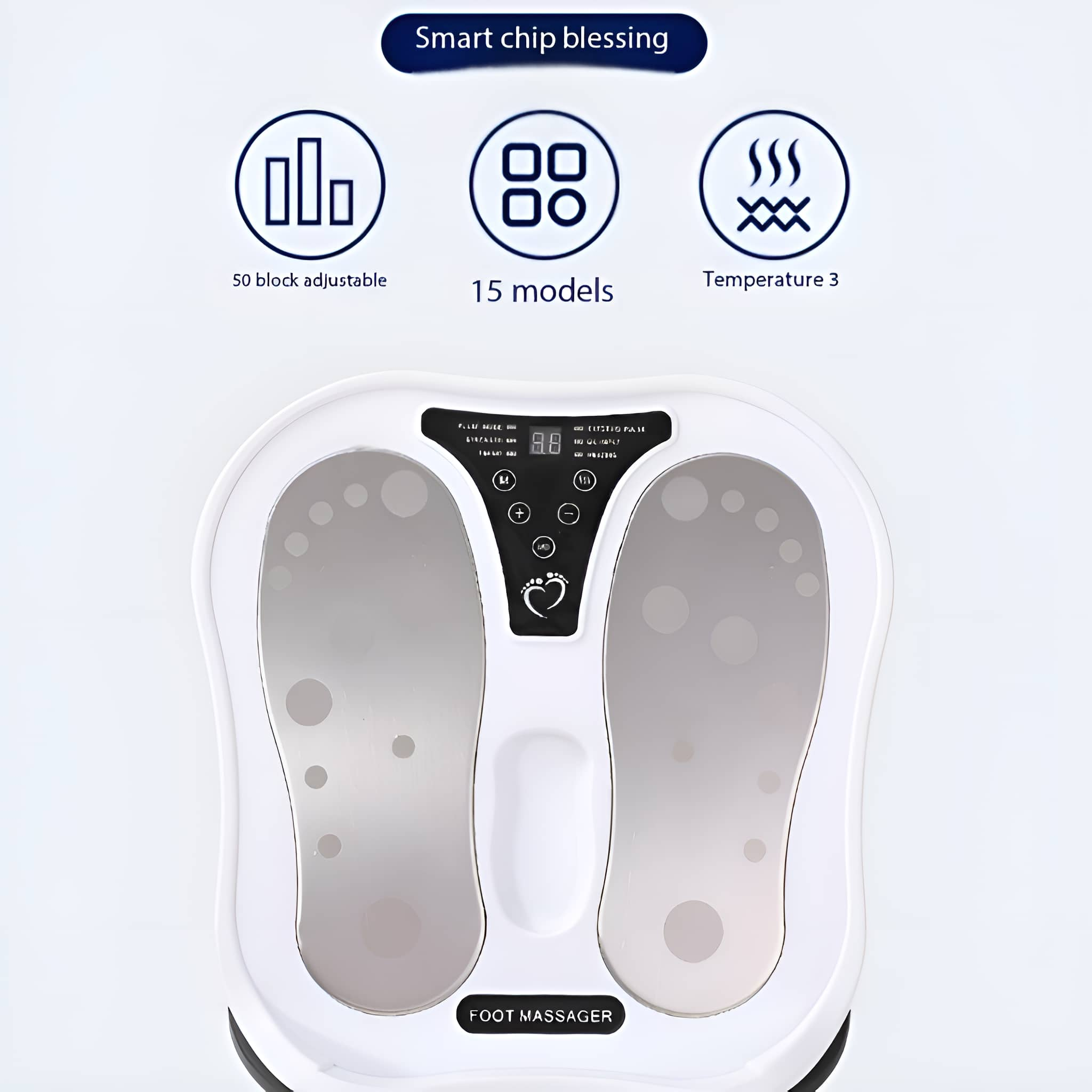 Weißes Fußmassagegerät mit digitaler Anzeige und mehreren Funktionssymbolen.