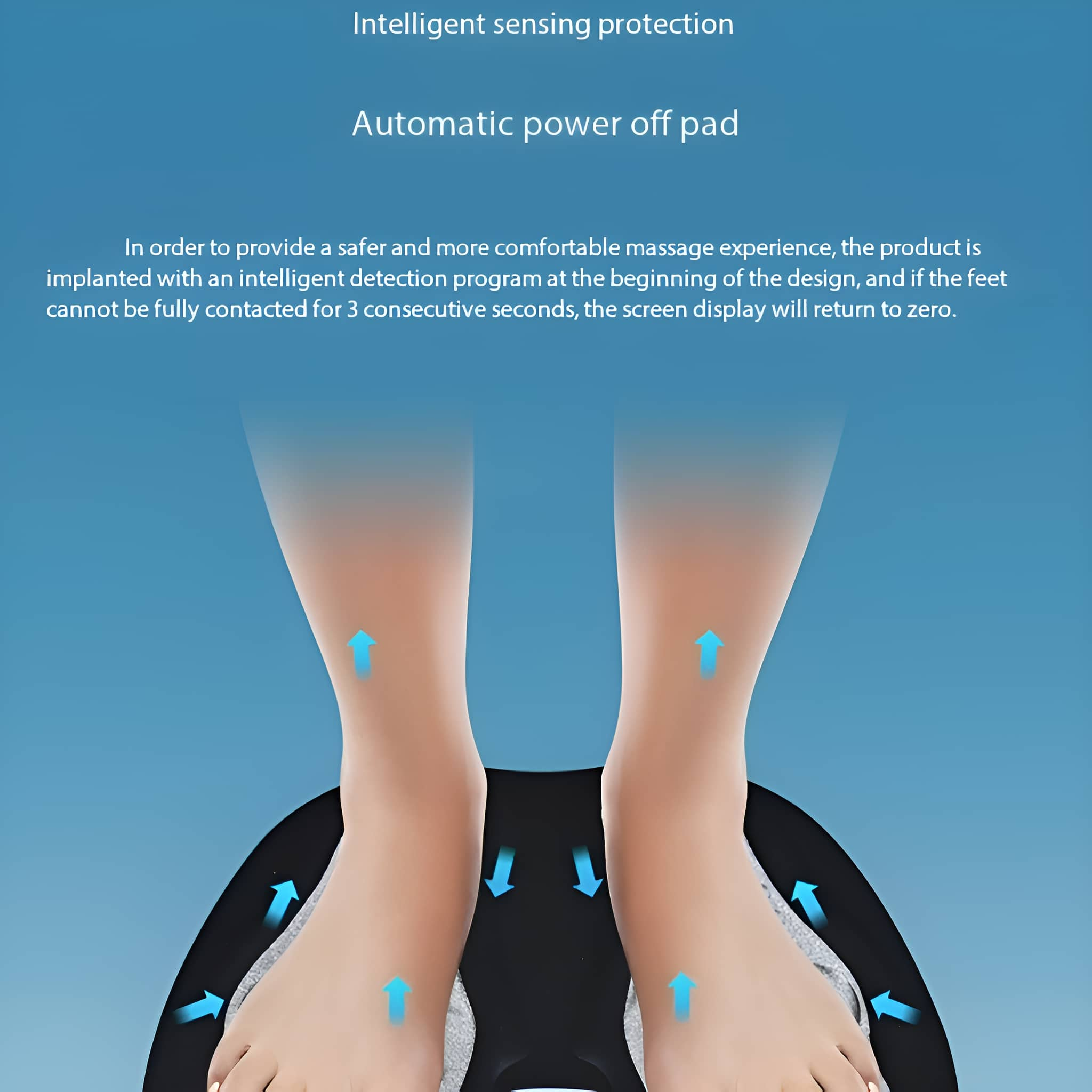 Füße auf einem Massagepad mit Pfeilen, mit blauem Verlaufshintergrund.