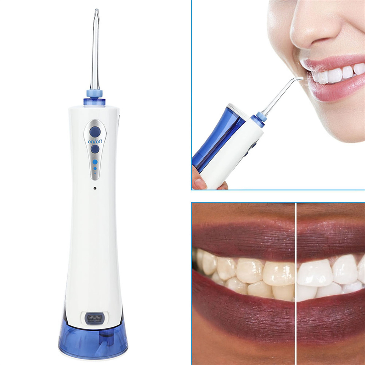 Wasser-Flosser mit Anwendungsbildern. Weiß-blaues Design mit Ein/Aus-Tasten und Düse.
