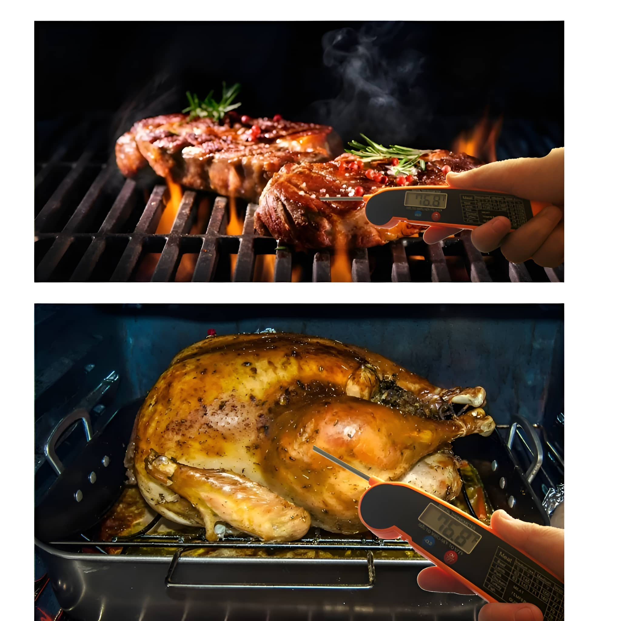 Zwei Bilder von gegrilltem Essen mit Temperaturfühlern.