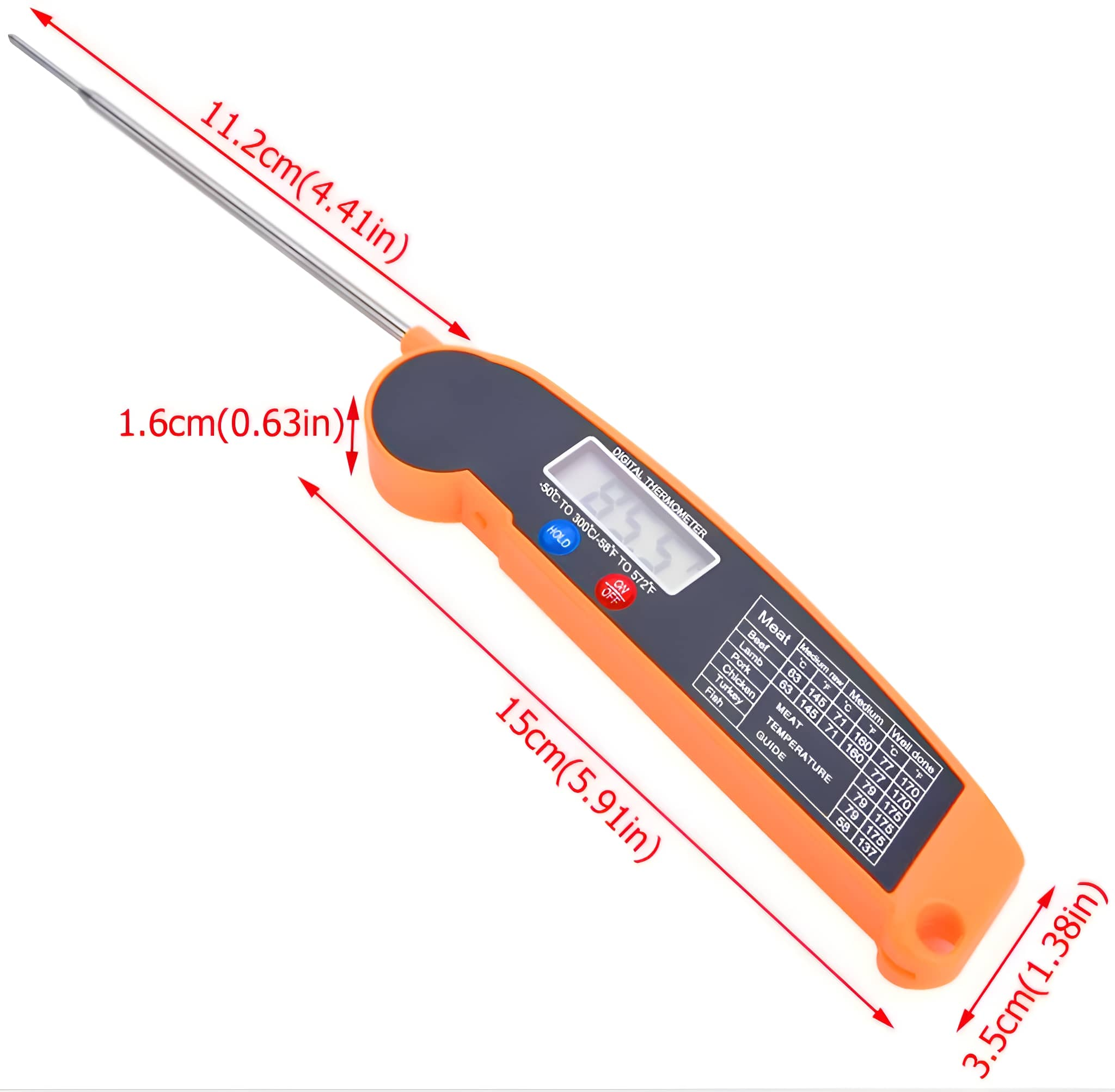 Oranges digitales Thermometer mit Abmessungen und Temperatur-Guide, isoliert auf Weiß.