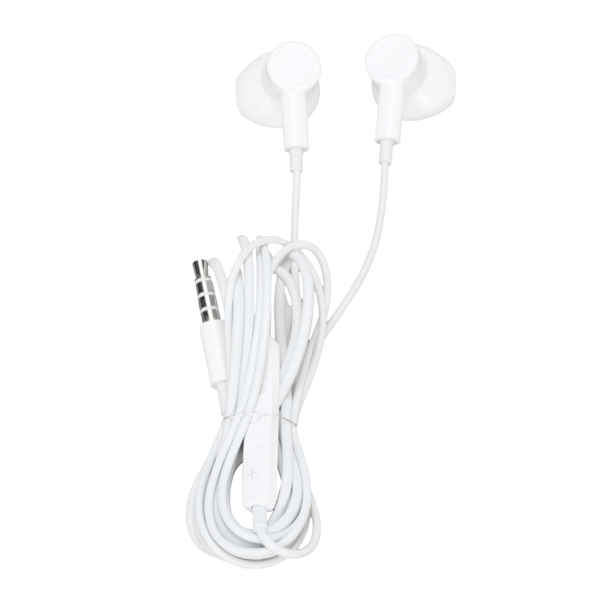 Weiße Ohrhörer mit weißem Kabel. Das Kabel hat eine Lautstärkeregelung und einen 3,5-mm-Klinkenstecker.