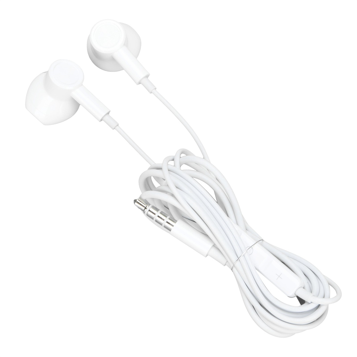 Weiße Ohrhörer mit weißem Kabel. Das Kabel hat eine weiße Steuereinheit und einen Klinkenstecker.