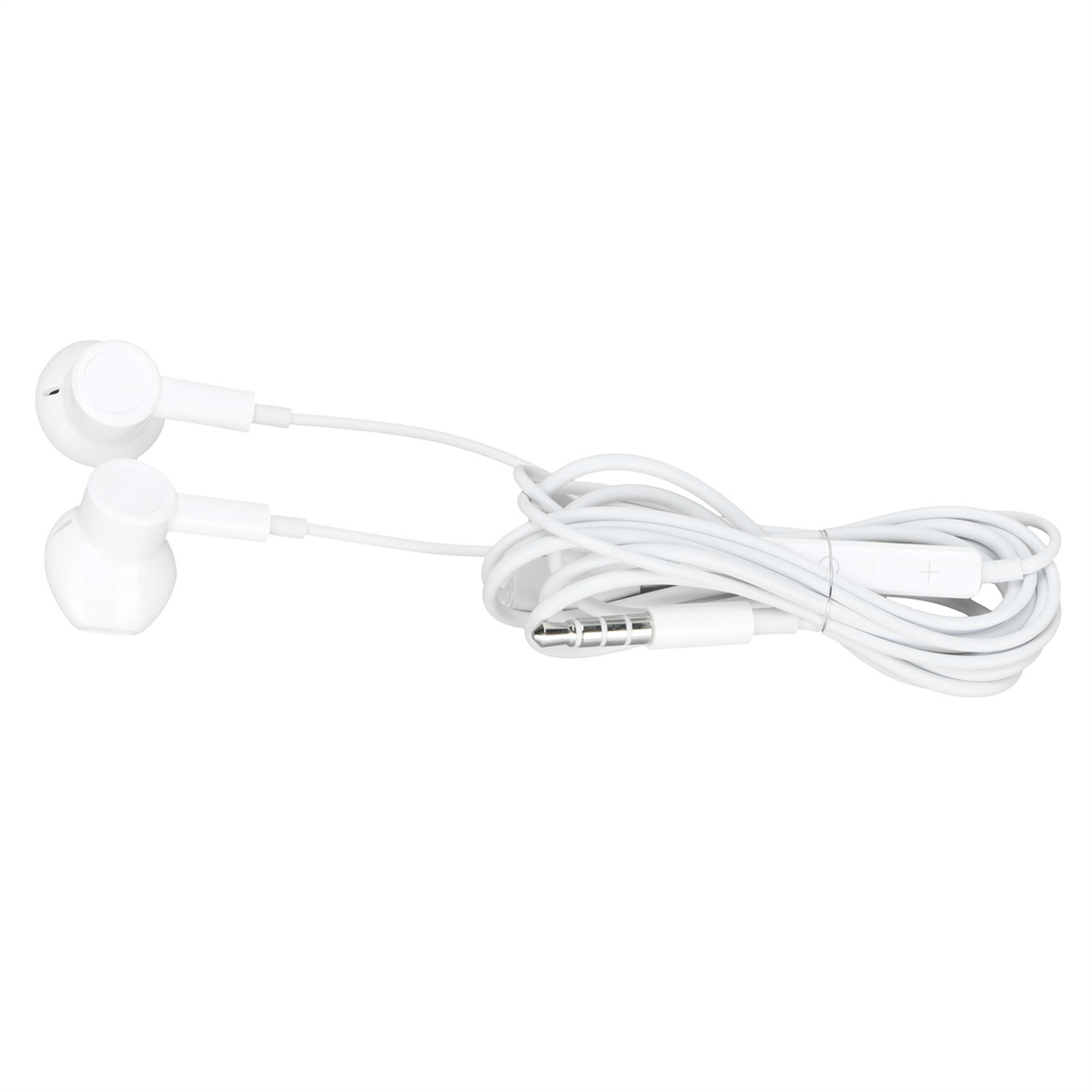 Weiße Ohrhörer mit weißem Kabel und einer Steuertaste. Der Hintergrund ist schlicht weiß.