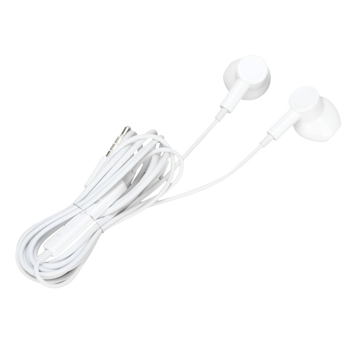 Weiße Ohrhörer mit Kabel, isoliert auf weißem Hintergrund.