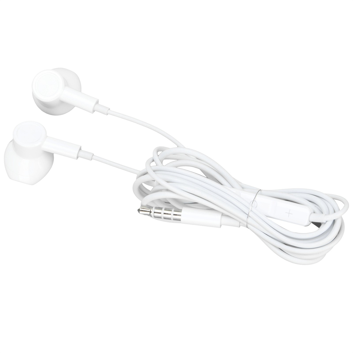 Weiße Ohrhörer mit weißem Kabel und 3,5-mm-Klinke. Der Hintergrund ist weiß.