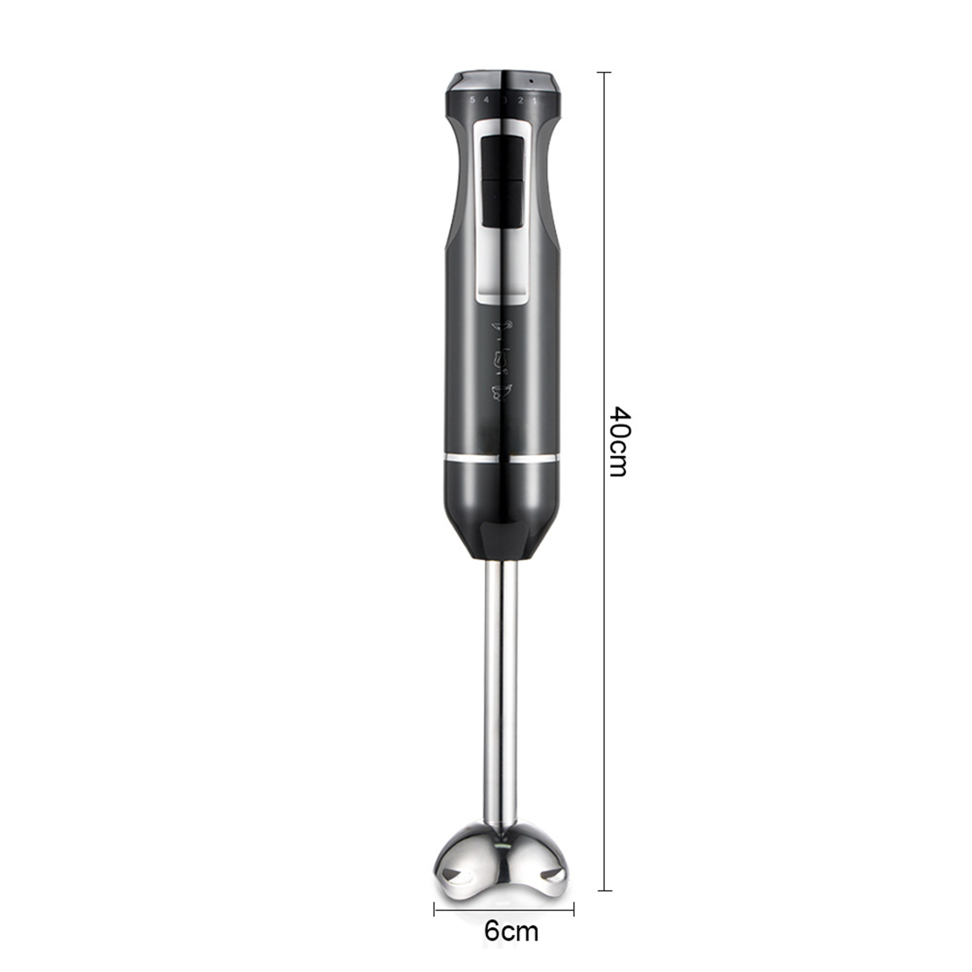 Ein schwarzer Stabmixer mit einer Edelstahlklinge und einer Höhe von 40 cm.
