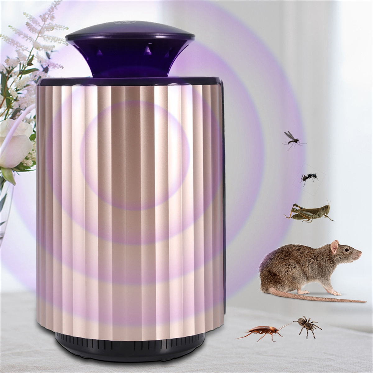 Insektenfalle mit Metallkörper, violettem Licht und Insekten und einer Ratte in der Nähe.