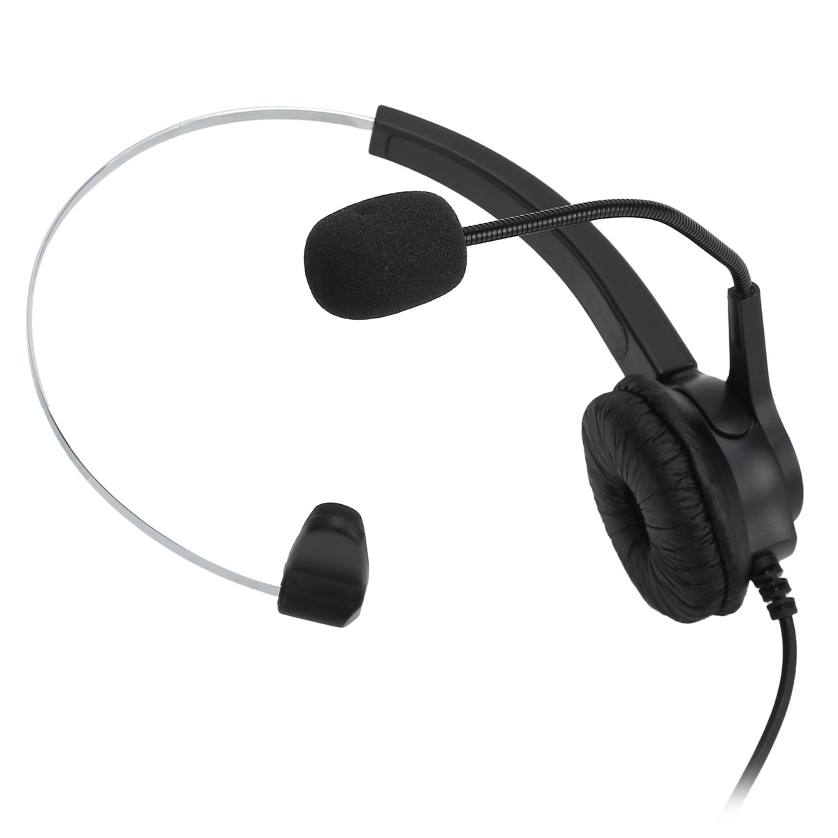 Schwarzes Headset mit Mikrofon und Ohrmuschel. Das Headset hat einen gebogenen Metallarm.