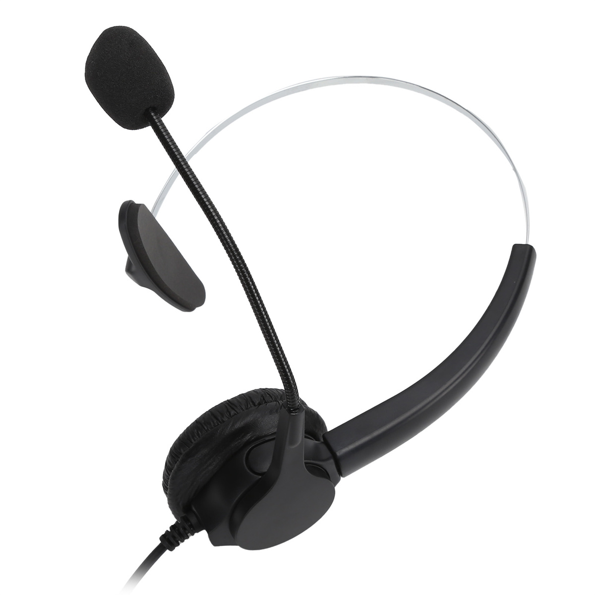 Ein schwarzes Headset mit Mikrofon, gebogenem Arm und Polster am Ohrhörer.