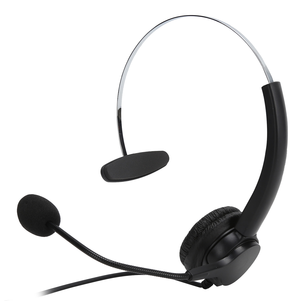 Schwarzes Headset mit Mikrofon auf weißem Hintergrund und Metallbügel.