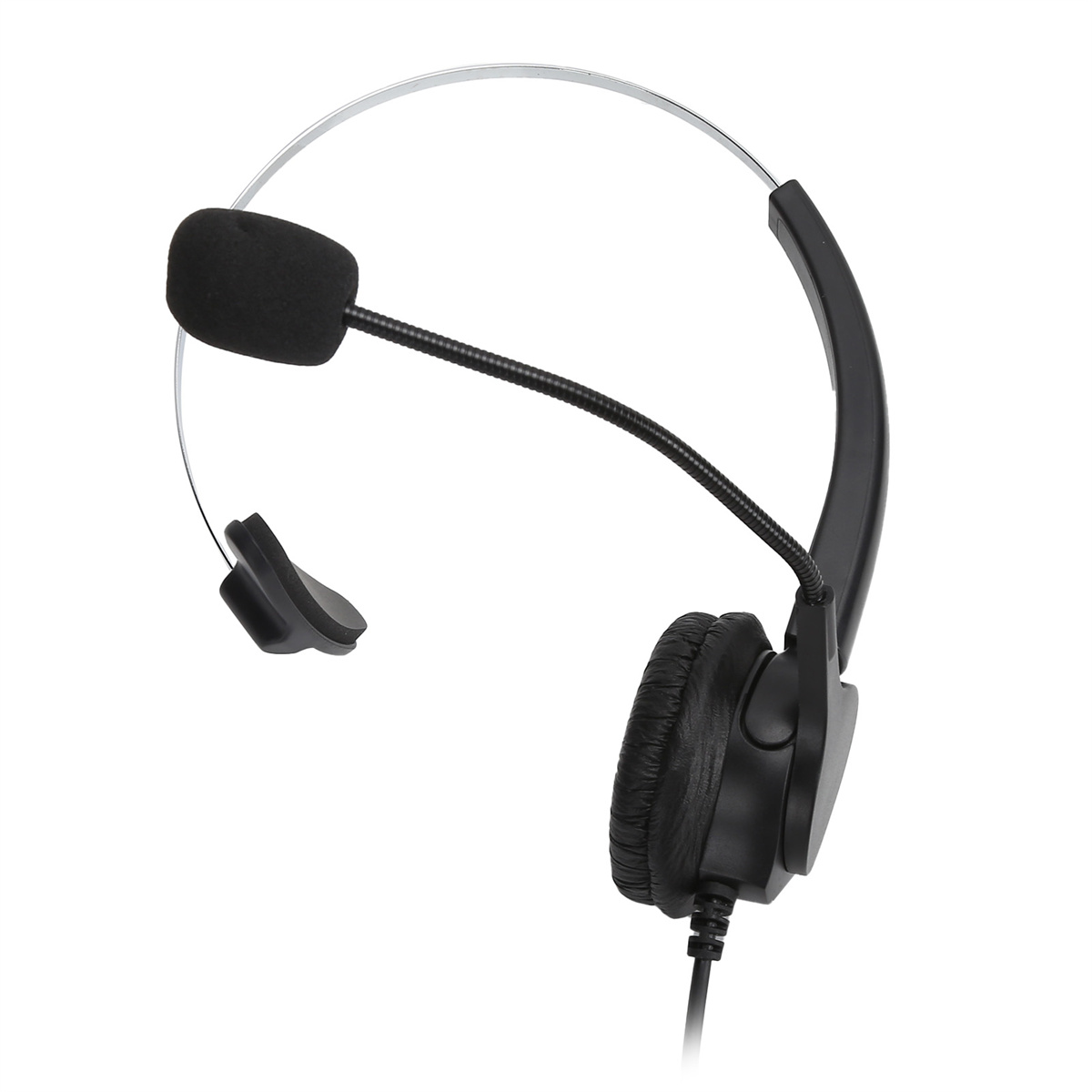 Schwarzes Headset mit Mikrofon. Es hat einen einzelnen Kopfhörer und einen flexiblen Arm.