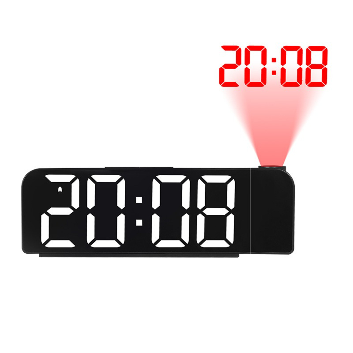 Schwarzer digitaler Wecker, der die Zeit rot an die Wand projiziert.