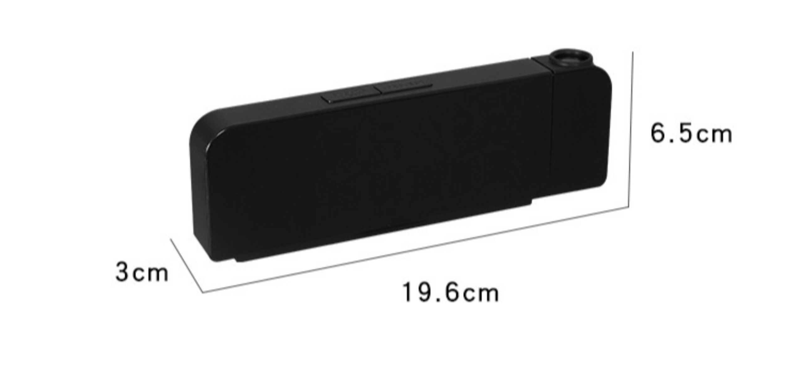 Schwarzer rechteckiger Lautsprecher mit Maßen: 19,6 cm lang, 3 cm breit, 6,5 cm hoch.