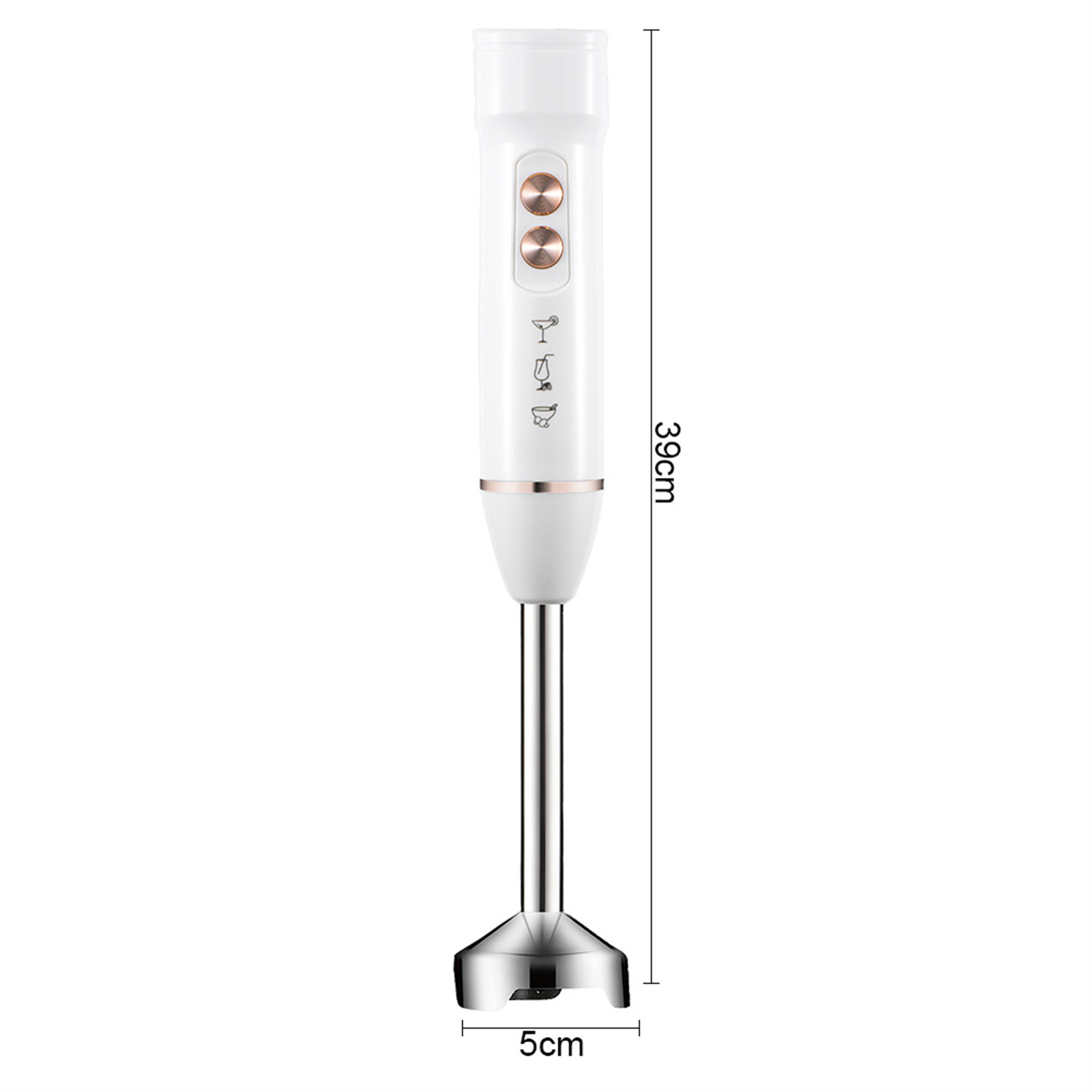 Weißer Handmixer mit goldenen Akzenten und einem Edelstahl-Mixkopf.