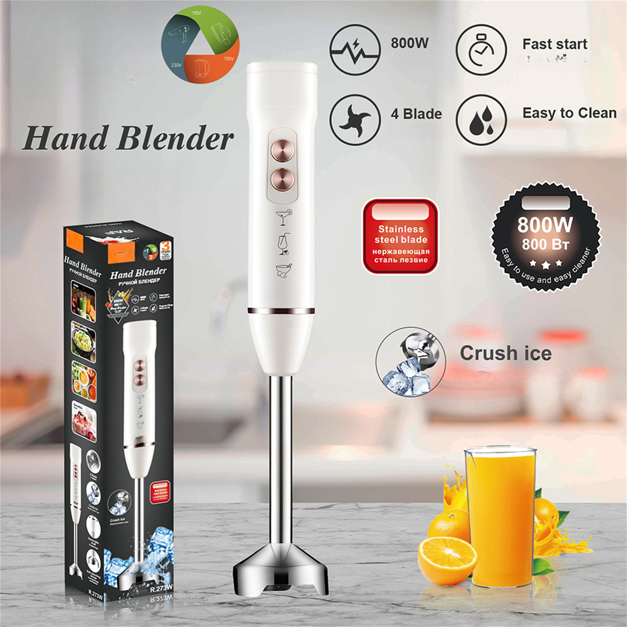 Handmixer mit Zubehör, Orangensaft und Eiswürfeln sowie einer Box.