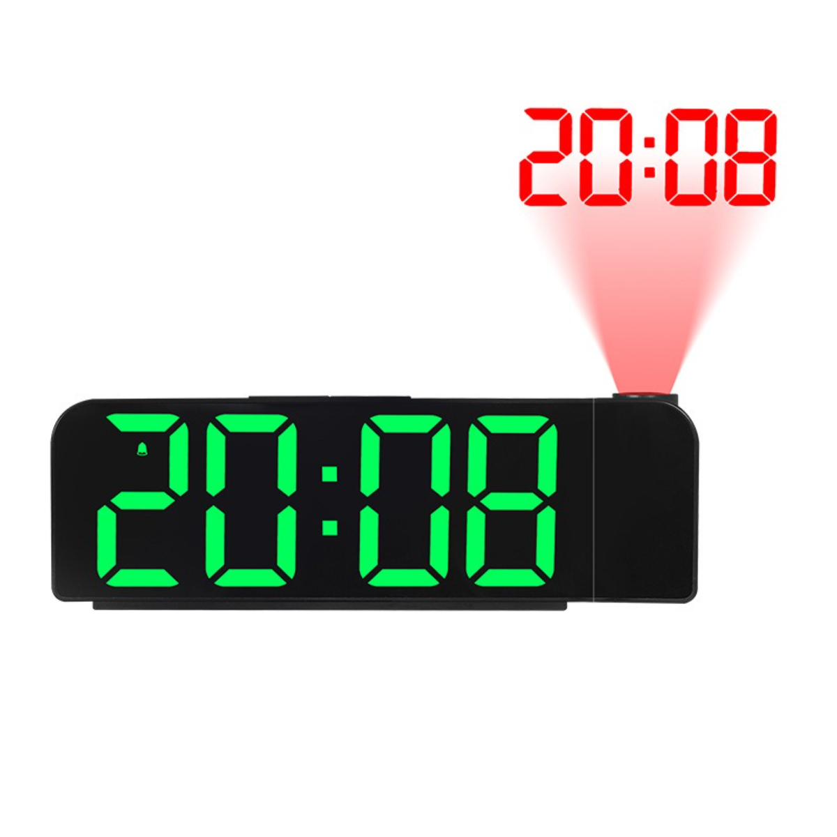 Schwarze Digitaluhr mit grünen Ziffern, die 20:08 anzeigen, und roter Projektionsanzeige.