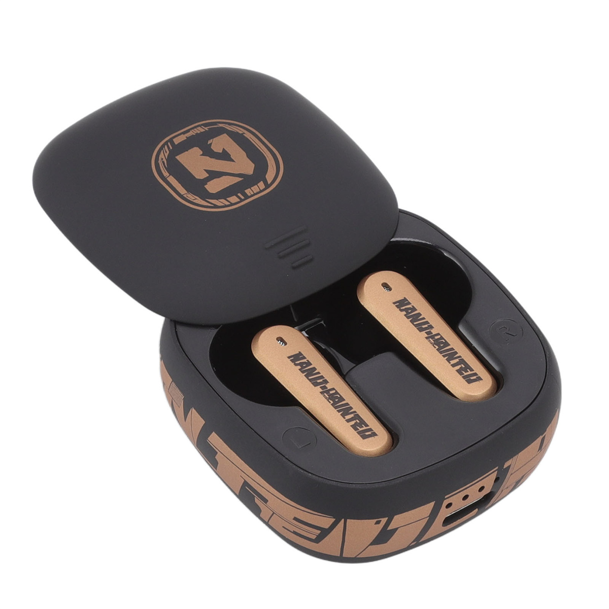 Kabellose Ohrhörer in einem schwarz-goldenen Etui. Das Etui ist geöffnet und zeigt die Ohrhörer.